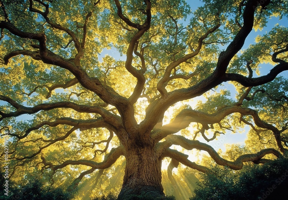 Fototapeta premium Majestic Oak Tree Sunbeams: Nature Photography