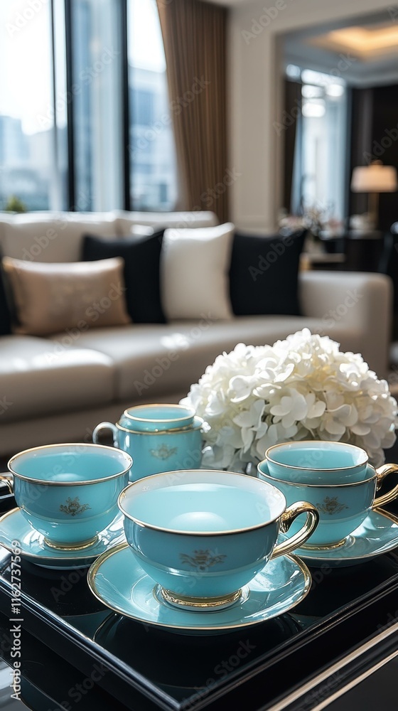 Elegant tea party settings Hand-painted porcelain teacup collection displayed Elegant tea party settings Hand-painted porcelain teacup collection displayed