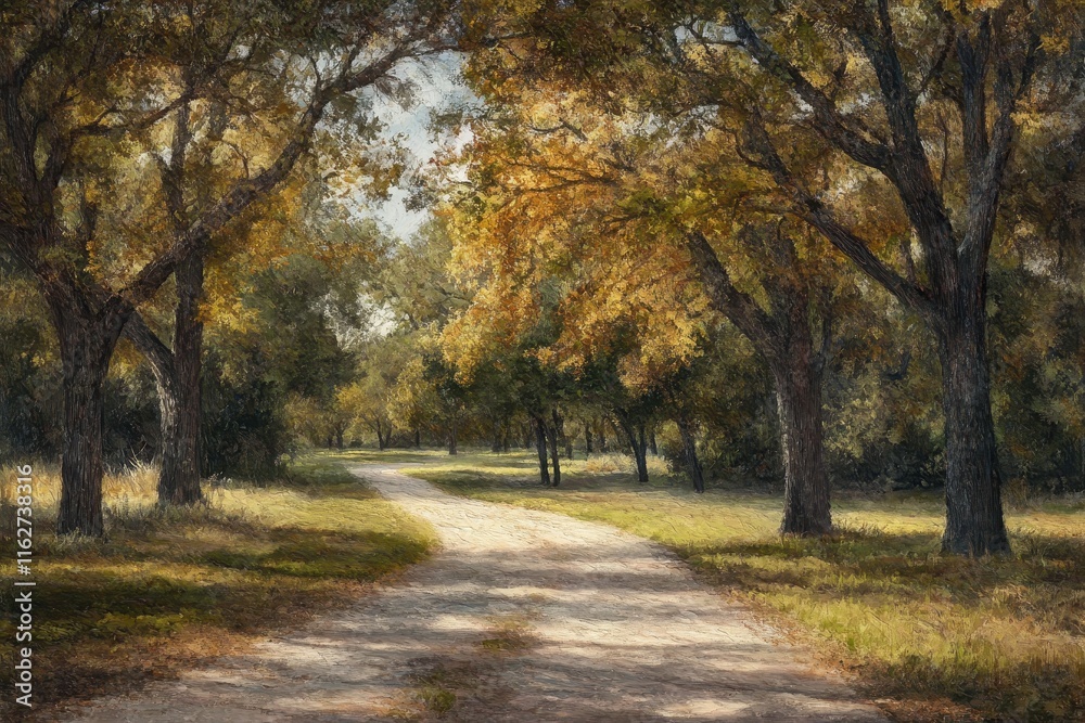Naklejka premium A peaceful pathway winds through a park surrounded by tall trees adorned with autumn foliage. The warm sunlight creates a tranquil atmosphere, inviting leisurely strolls.