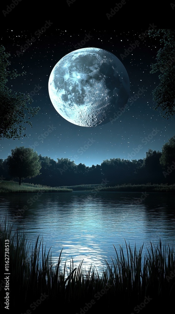 Fototapeta premium Nightscape Photography. Space id Esg fintech Levitating moon lamp Sound bath Speculative fiction Insight Timer Moonpay Internxt Solana Neoen Full glowing bright over calm lake with n