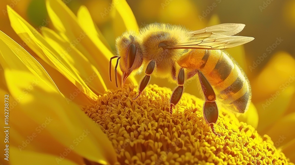 A bee pollinates a sunflower, showcasing nature's beauty. A bee pollinates a sunflower, showcasing nature's beauty.