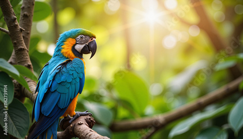 Blue-and-yellow macaw perched on tree branch in sunlight