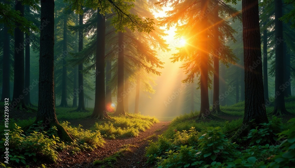 Obraz premium Dense forest with sunlight filtering through trees at dawn, morning, forest, landscape