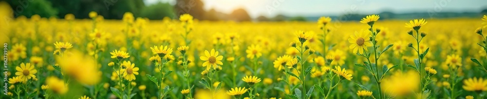 Densely grown sunhemp field with yellow flowers, landscape, growth, crotalaria