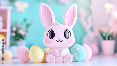 Adorable pink bunny with colorful easter eggs in pastel-themed setting