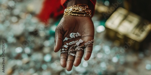 A Hand Skillfully Holding Jewelry, Set Against a Dazzling and Glittering Background Scene
