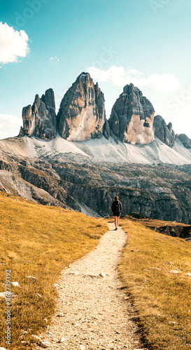 Adventurer walking toward majestic mountain peaks in scenic landscape