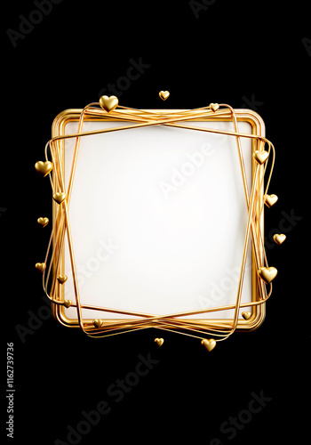 Valentine's day. Elegant golden frame with heart accents on black background