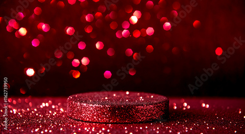 Glittering red sparkles on shimmering product pedestal/ podium with bokeh lights