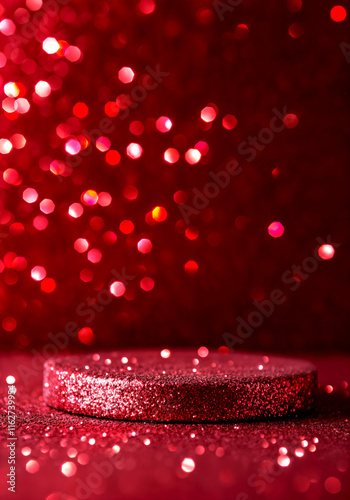 Glittering red sparkles on round product pedestal in festive light