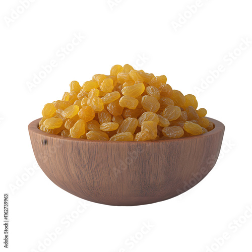 Bowl of golden raisins overflowing with dried grapes on a white background