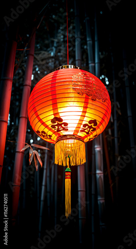 Traditional chinese red lantern illuminated amidst bamboo in a dark forest