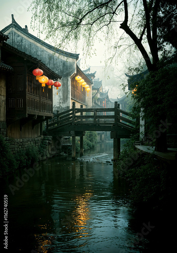 Tranquil ancient chinese village at dusk with lanterns reflecting over water