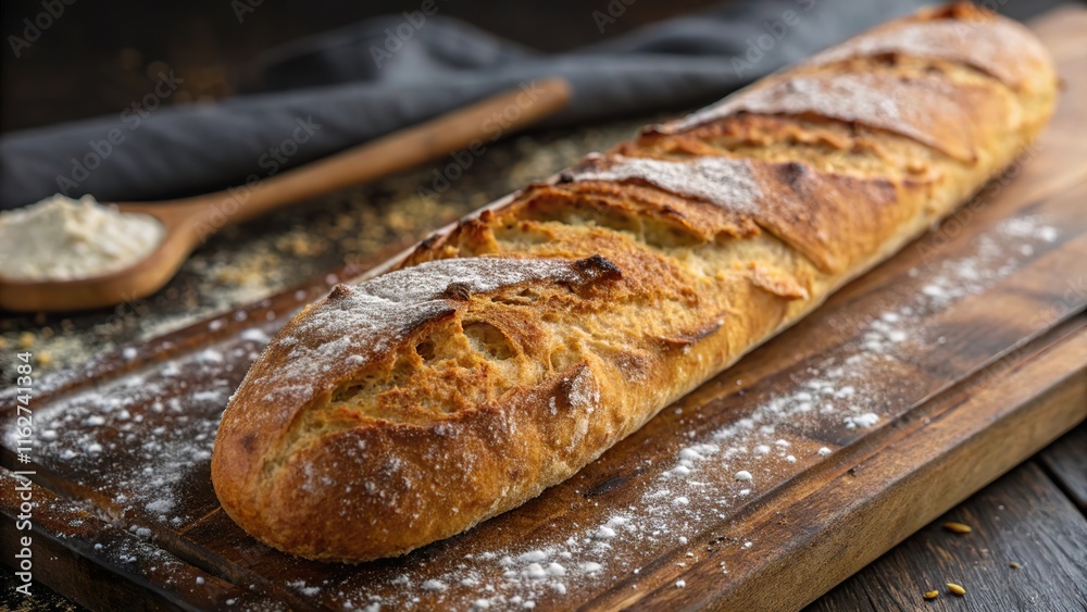Freshly baked baguette resting on a wooden board with a golden crust and dusting of flour Freshly baked baguette resting on a wooden board with a golden crust and dusting of flour