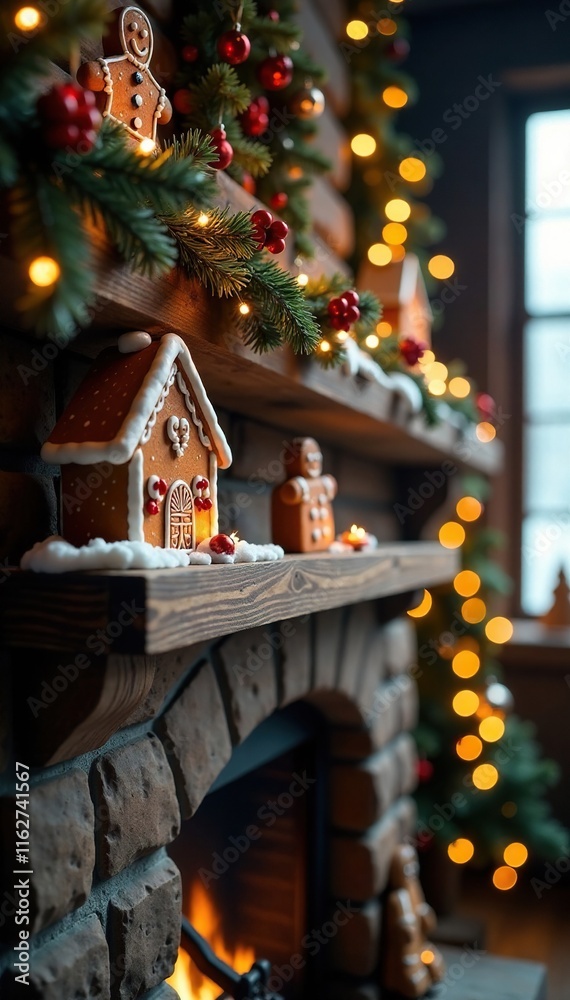 Obraz premium Gingerbread decorations on wooden mantel in winter scene, warm, fireplace, winter