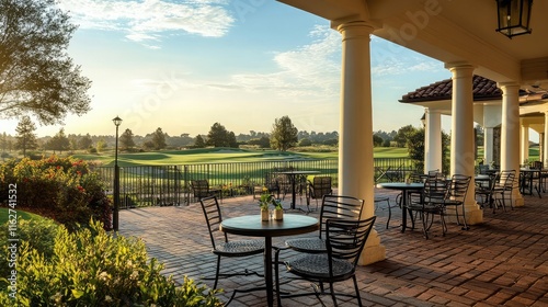 Clubhouse patio overlooking a panoramic view of the golf course