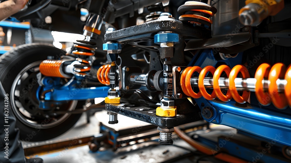 Fototapeta premium Detailed Close-Up of Automotive Suspension System Featuring High-Performance Shock Absorbers and Colorful Coil Springs in a Modern Workshop Environment