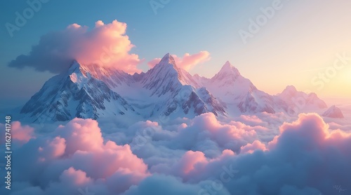 A sunrise view of snowy mountain peaks with clouds in the sky