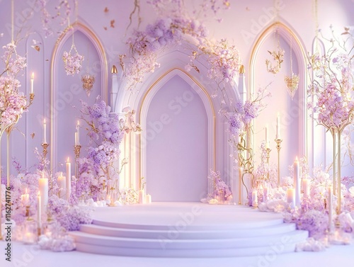 A grand, fantasy castle interior with floral arrangements and an empty throne Dominant colors are purple, white, gold, and the scene is illuminated by soft light sources - Generative AI