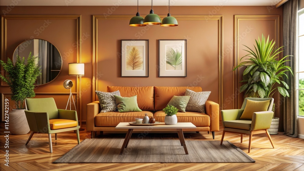 Fototapeta premium Modern Living Room with Frame Mockup, Spacious Design, Warm Color Palette, Architectural Photography, Contemporary Furniture, Home Decor Inspiration