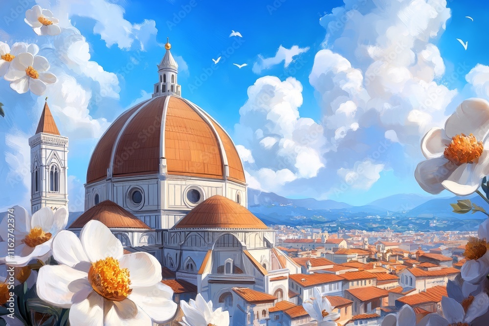 Obraz premium A pixel art depiction of Florence Duomo, with tiny, colorful details of the dome and surrounding cityscape
