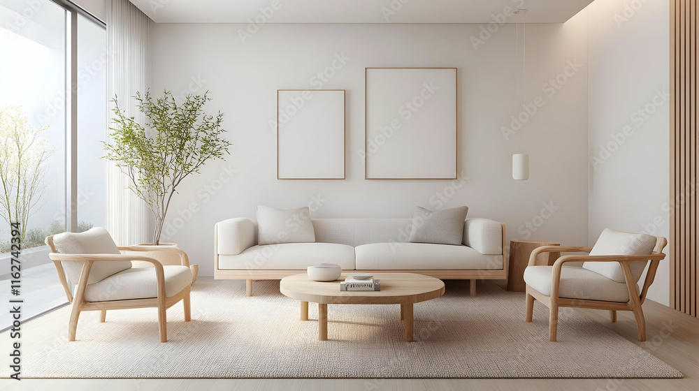 Fototapeta premium Scandinavian-inspired living room with light-toned furniture, simple decor and a minimalist aesthetic creating a peaceful ambiance