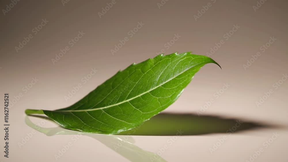 A single green leaf with detailed veins, photographed against a neutral background in soft lighting A single green leaf with detailed veins, photographed against a neutral background in soft lighting