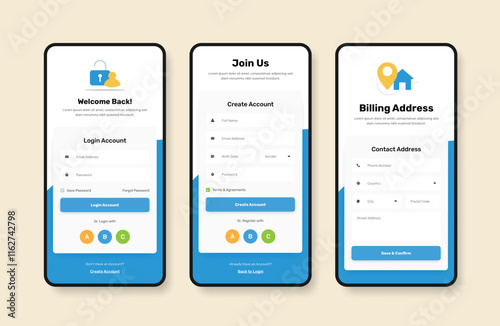Professional user register login, signup and billing address form design for mobile application
