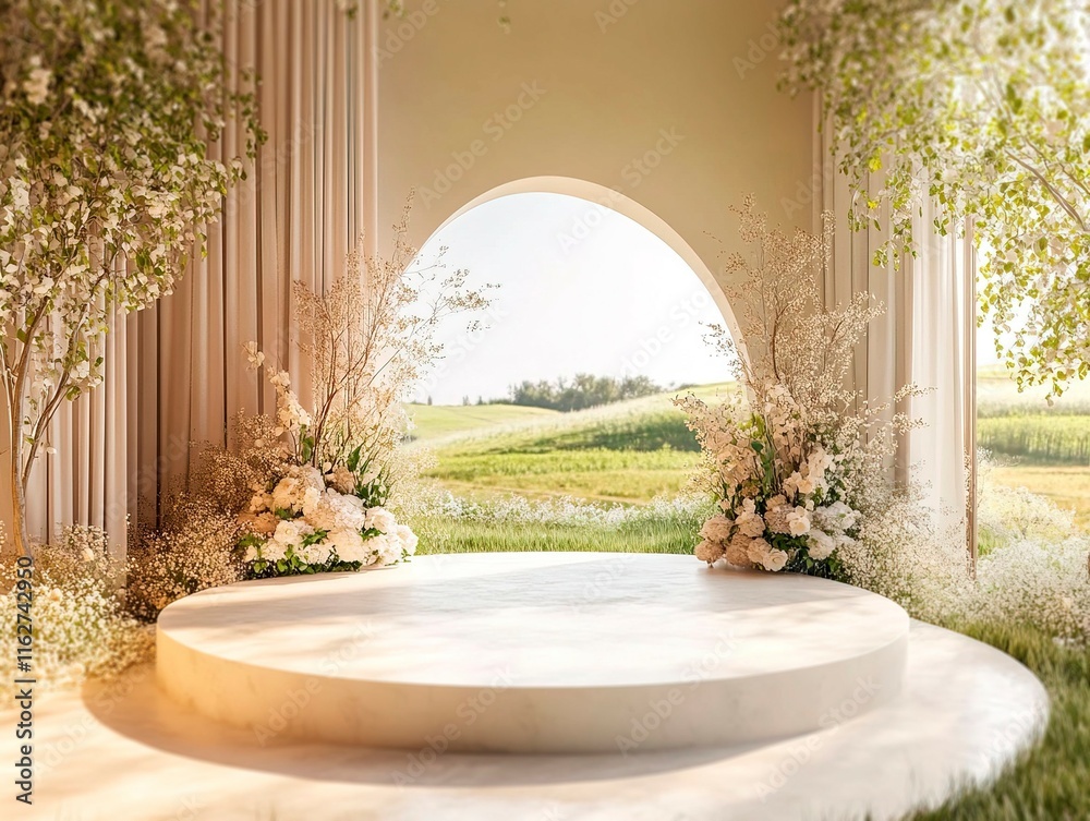 Fototapeta premium Image shows a serene, open-concept event space blending indoor and outdoor elements The central raised platform surrounded by greenery and white flowers leads to an arched opening - Generative AI
