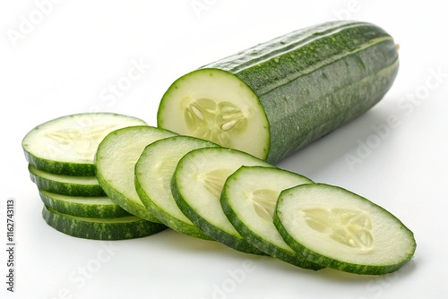 Standing sliced cucumbar realistic HD photo isolatd  white background for your food needs.