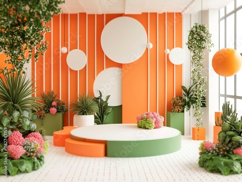 Bold, vibrant interior design with colorful orange walls, circular features, and a large round table Well-lit with natural light, plants, and decorative elements Stylish and cont - Generative AI photo