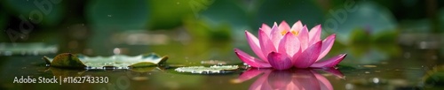 Muddy water with pink lotus flower emerging slowly, water plants, flowers