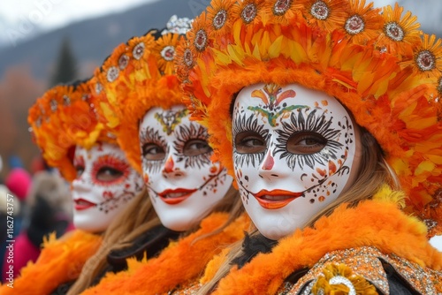 A procession during the FÃªtes des Masques festival, with villagers wearing colorful and symbolic masks
