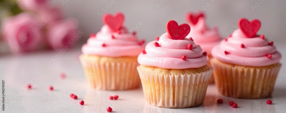 Pastel pink cupcakes with small red hearts on top of each cupcake, yum, sweettooth, kitchen Pastel pink cupcakes with small red hearts on top of each cupcake, yum, sweettooth, kitchen