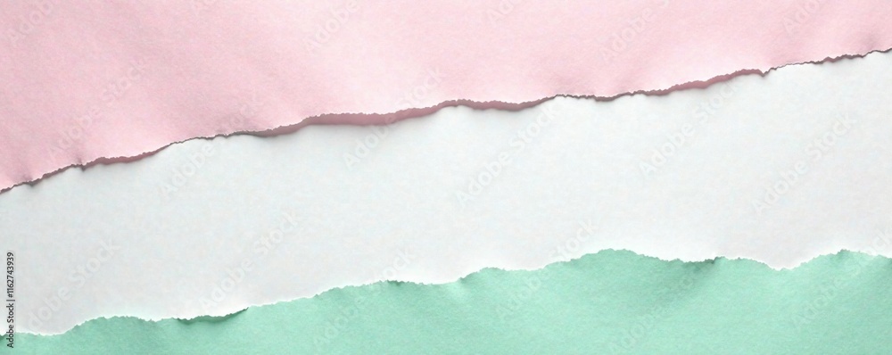 Fototapeta premium Pastel pink and mint green torn paper textures layered on a soft white surface, paper texture, layered art