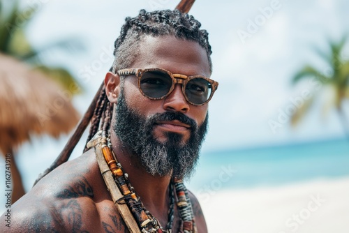 A resourceful castaway fishing in the shallow waters off a desert island using a handmade spear