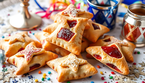 Triangular Purim pastries known as Hamantaschen, colorful and filled with various jam flavors on a festive table photo