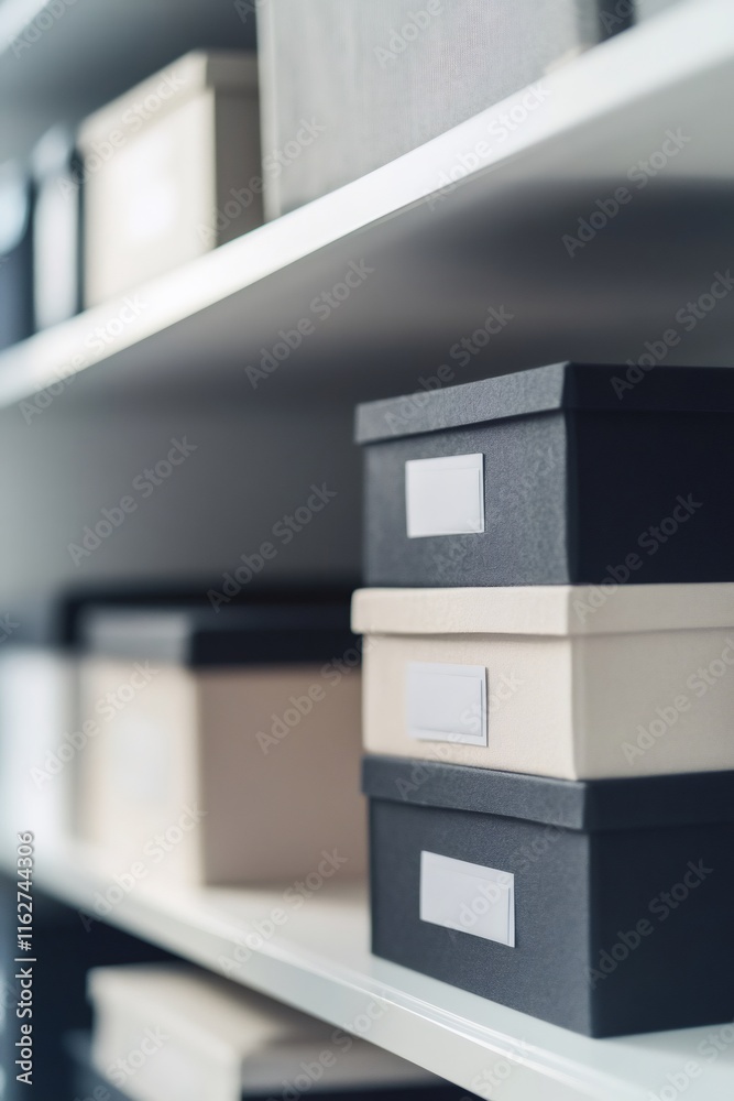 Cardboard storage boxes with blank labels are neatly stacked on white shelves, creating an organized and efficient storage solution