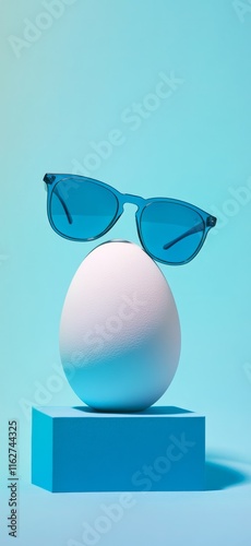 Egg on a bright blue pedestal proudly dons stylish sunglasses, creating a whimsical and playful visual narrative that captivates with its charm and simplicity photo