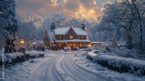 A snow-covered house with twinkling Christmas lights and a wreath on the door. Experience the enchanting beauty of a winter wonderland