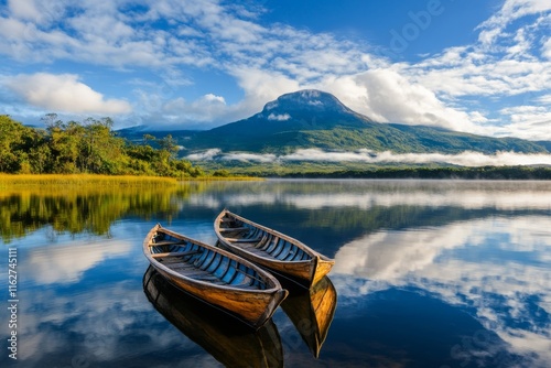 A serene view of Lake Kossou with traditional canoes drifting peacefully on its surface photo