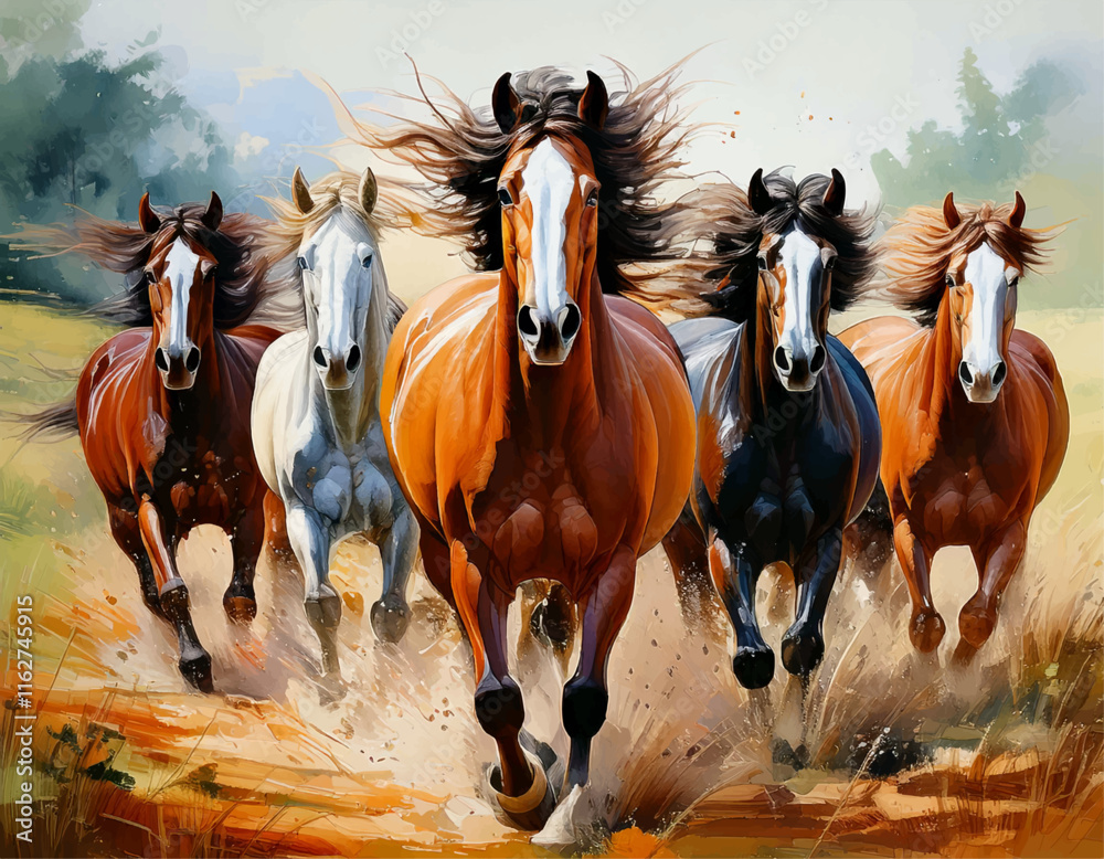 Watercolor Running horse painting artwork vector, horse paint design, horses wall art Adobe Illustrator Artwork 