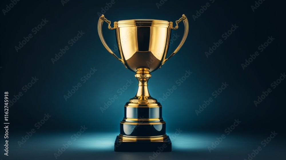 A shiny golden trophy stands prominently on a black base, illuminated by a soft blue light that enhances its details. It symbolizes victory and accomplishment A shiny golden trophy stands prominently on a black base, illuminated by a soft blue light that enhances its details. It symbolizes victory and accomplishment
