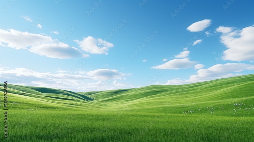 Lush green rolling hills stretch across the landscape, bathed in sunlight. The clear blue sky is dotted with fluffy white clouds, creating a serene atmosphere Lush green rolling hills stretch across the landscape, bathed in sunlight. The clear blue sky is dotted with fluffy white clouds, creating a serene atmosphere