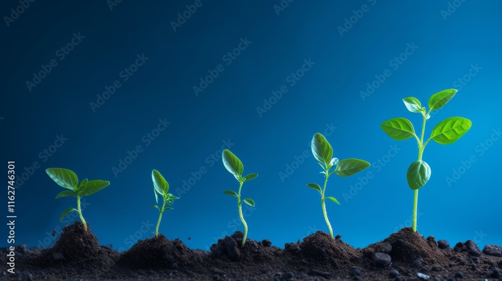 Series of five growing seedlings in soil depict various growth stages, showcasing vibrant green leaves against a smooth blue backdrop for a soothing effect Series of five growing seedlings in soil depict various growth stages, showcasing vibrant green leaves against a smooth blue backdrop for a soothing effect