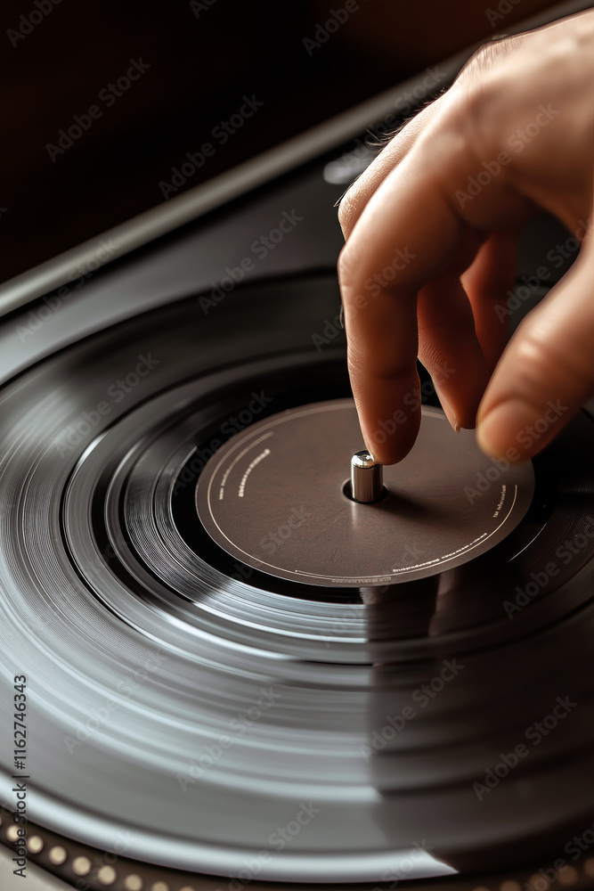 Close-up of a DJ's hand spinning a vinyl record on a turntable, with soft bokeh lighting in the background. Close-up of a DJ's hand spinning a vinyl record on a turntable, with soft bokeh lighting in the background.