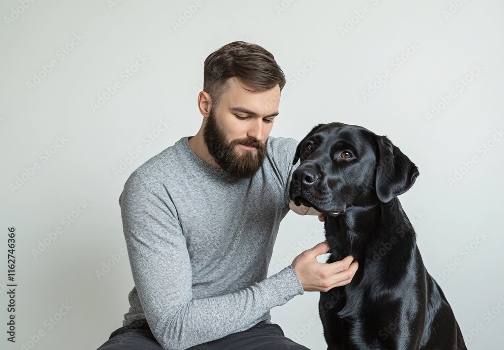 Man with Beard Gently Stroking his Black Labrador Retriever Dog Man with Beard Gently Stroking his Black Labrador Retriever Dog