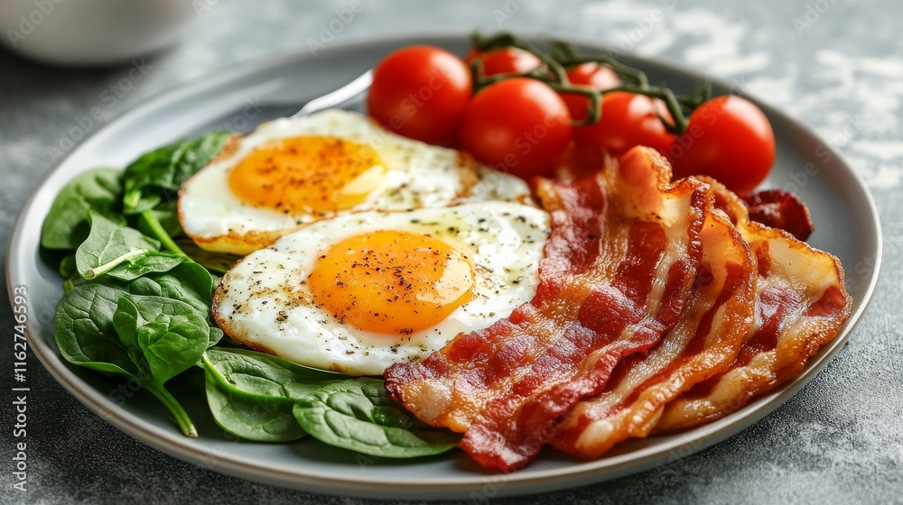 A mouthwatering breakfast spread includes two sunny side up eggs, crispy bacon strips, fresh spinach leaves, and ripe cherry tomatoes nestled on a gray plate A mouthwatering breakfast spread includes two sunny side up eggs, crispy bacon strips, fresh spinach leaves, and ripe cherry tomatoes nestled on a gray plate
