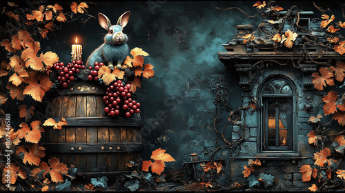 whimsical scene featuring rabbit perched on barrel surrounded by grapes and autumn leaves, with mysterious old building in background