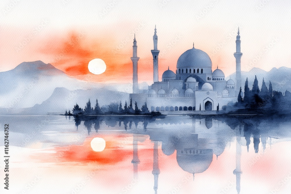 Fototapeta premium A soft watercolor painting of a serene mosque at sunset, with gentle hues of orange, pink, and blue